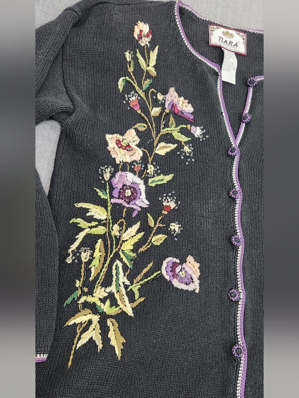 Tiara International Black Cardigan Floral Embroidered Design. Medium - Picture 3 of 8